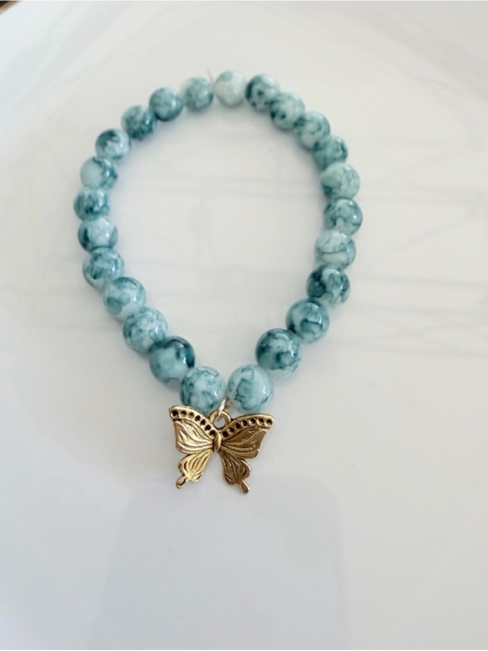 Gold Butterfly Aqua Beaded Stretch Bracelet Boho Cottage-core Style Jewelry